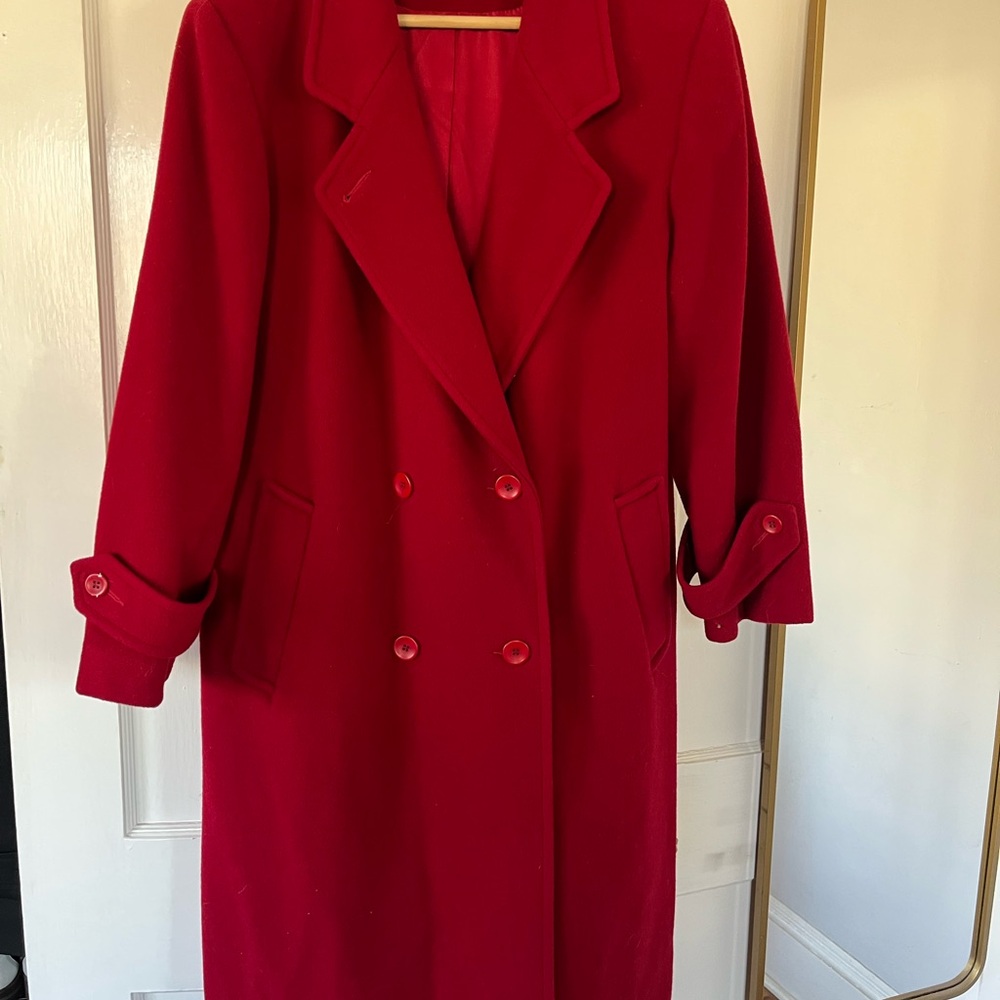 Vintage Elegant Red Double-Breasted Women's Wool Coat